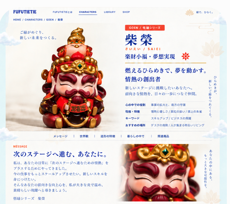 柴栄の製品写真 — 真紅の装いと頭上の朱雀